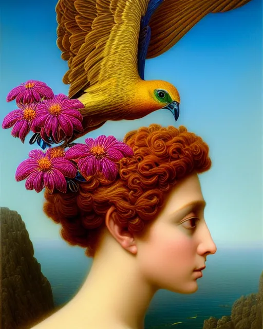 Image similar to a bird, unusual beauty, flowers and plants, emotionally evoking symbolic metaphors, head in focus, fantasy, ornamental, intricate, elegant, sensual, highly detailed digital painting, artstation, concept art, painterly, golden ratio, sharp focus, illustration, art by John William Godward and Boris Vallejo and Zdzisław Beksiński,