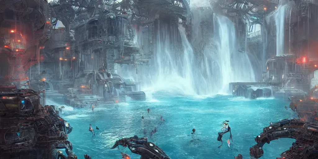 Prompt: beautiful pool waterfalls surrounded by alien robots, steel archways, industrial buildings, rusty metal towers, sun setting, ross tran, fantasy, james jean, peter morbacher, angelarium, alchemy, luxury, heavenly light, soft illumination, trending on artstation, cinematic lighting, digital painting, octane render, artgerm