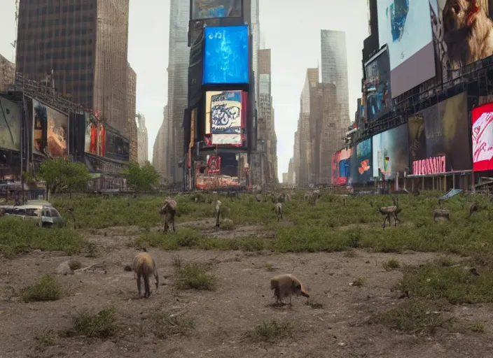 Image similar to film still of post apocalyptic empty time square, overgrown with wildlife walking through in the new sci - fi movie, 8 k