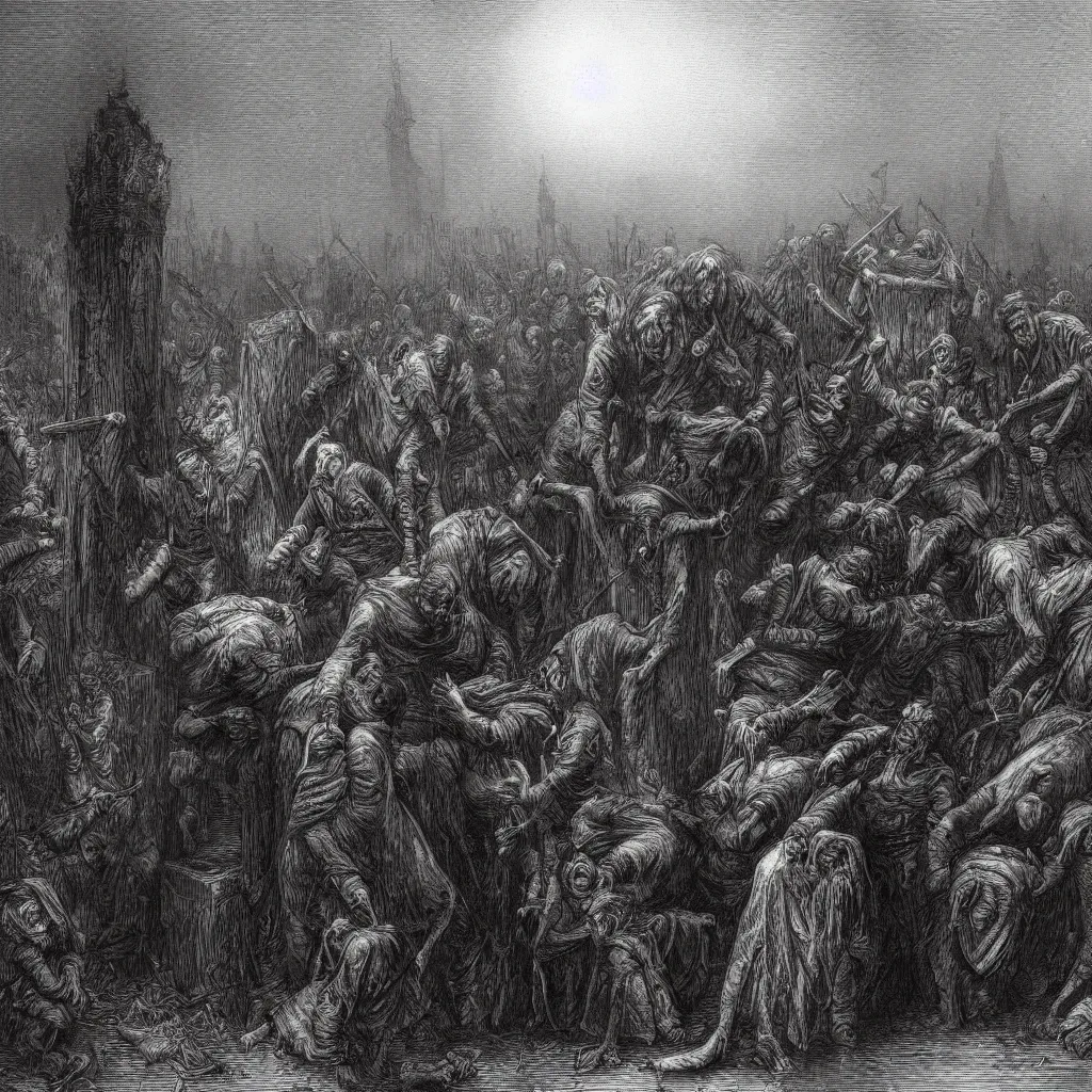 Image similar to nine steel barrels in a graveyard with 2 zombies, creepy atmosphere, dark, portrait, realistic, very realistic, illustration by gustave dore