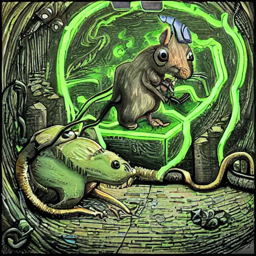 Prompt: eldritch abomination rat in a toxic sewer with a river of green waste art by greg rutowski