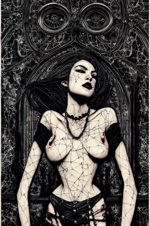 Image similar to dreamy gothic girl, black leather slim clothes, chains, windows and mirrors, beautiful body, detailed acrylic, grunge, intricate complexity, by dan mumford and by alberto giacometti, peter lindbergh