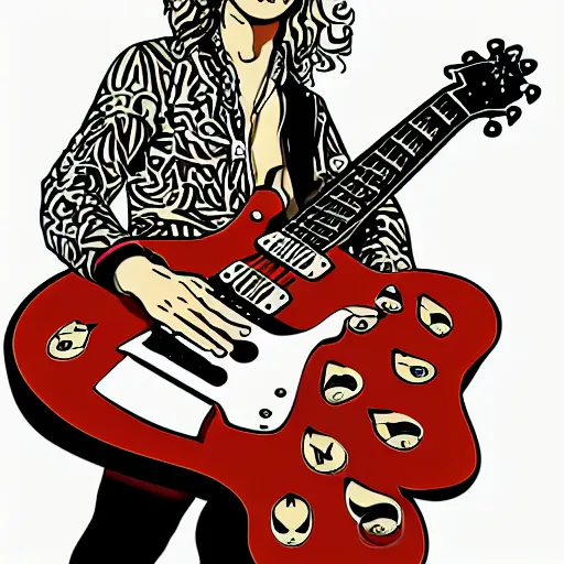 Image similar to 1 9 7 0 - young - jimmy page from led zepelin playing - guitar - solo, sticker - art, svg vector, adobe - illustrator