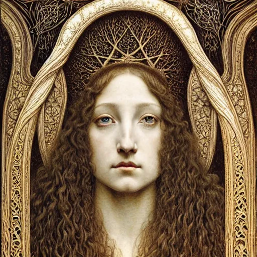 Image similar to detailed realistic beautiful young medieval queen face portrait by jean delville, gustave dore, iris van herpen and marco mazzoni, art forms of nature by ernst haeckel, art nouveau, symbolist, visionary, gothic, pre - raphaelite, horizontal symmetry, fractal lace