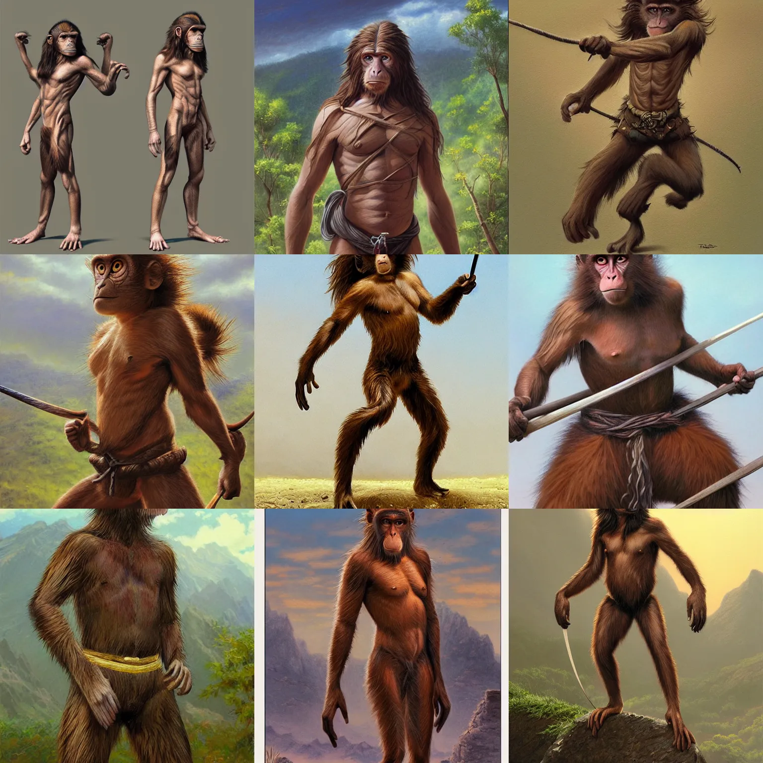 Prompt: lithe monkey warrior with flowing brown hair, trending on artstation, art by Ted Nasmith and James Gurney