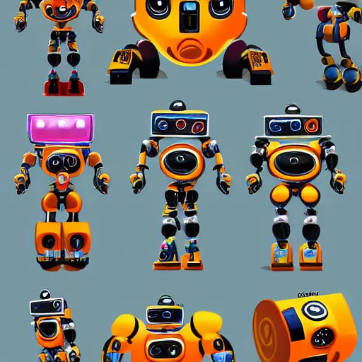 Prompt: cheerful robot that loves to jump, video game character design sheet, digital art