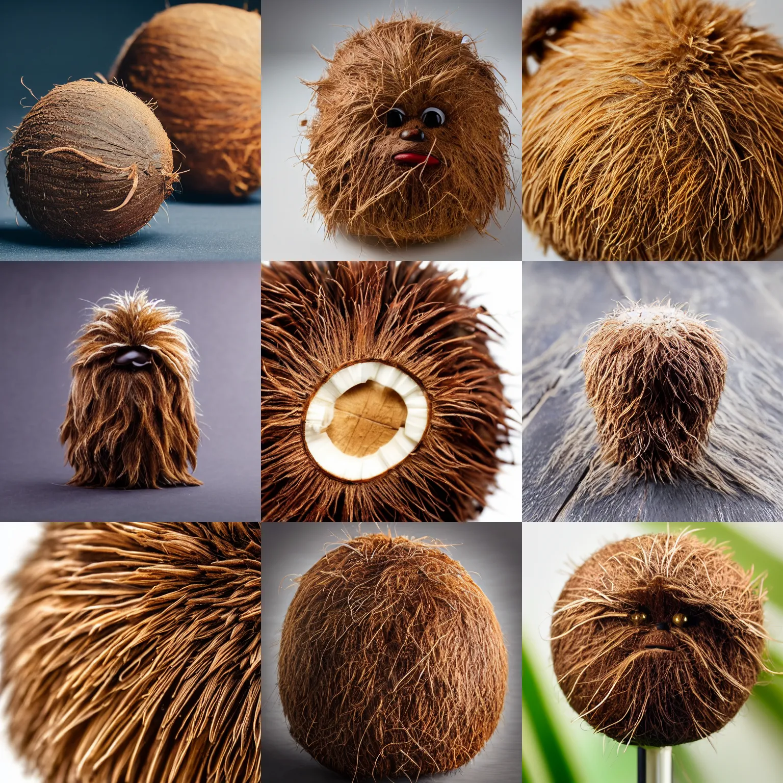 Prompt: a coconut that looks like chewbacca, macro lens, high quality, studio lighting