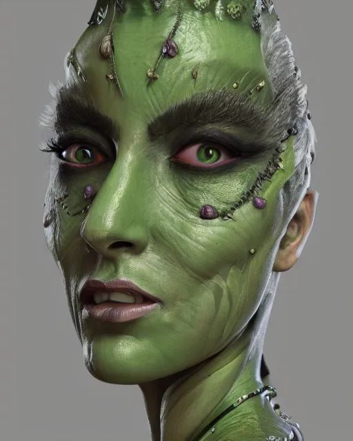 Image similar to Fantasy character portrait of distorted detailed painting of a queen woman made of grey stone, hyper detailed, green warpaint, trending on Artstation, 8k resolution, full HD, cinematic lighting, award winning, anatomically correct