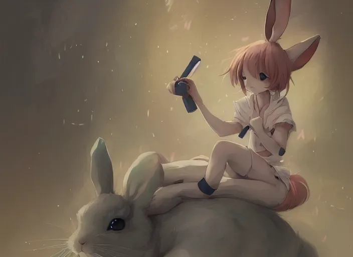 Image similar to a cute rabbit in a japanese anime!, rabbit, pa works, kyoani, studio orange, anime, contrast, pixiv, artstation, by satoshi kon, by peter mohrbacher