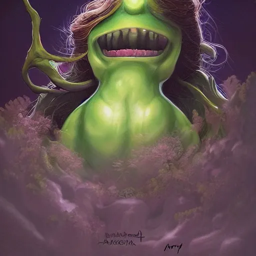 Prompt: a beautiful digital matte painting of a monstrous avocado beast with a face resembling emma watson, by artgerm and justin gerard and moebius