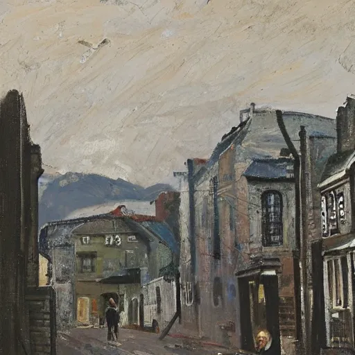 Image similar to painting of a man on a horse in a Dublin alleyway, painted by George Bellows, 1905