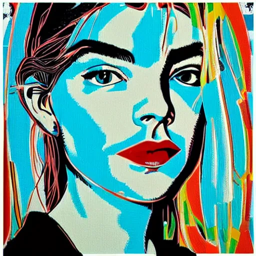 Image similar to beautiful female anya taylor - joy portrait in detail in block colour by james jean, by andy warhol, by roy lichtenstein