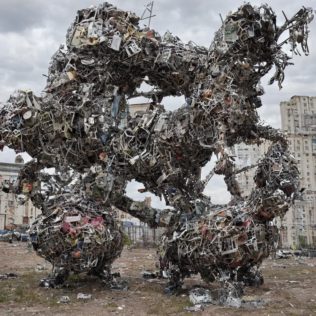 Prompt: big post apocalyptic dog made of junk in moscow