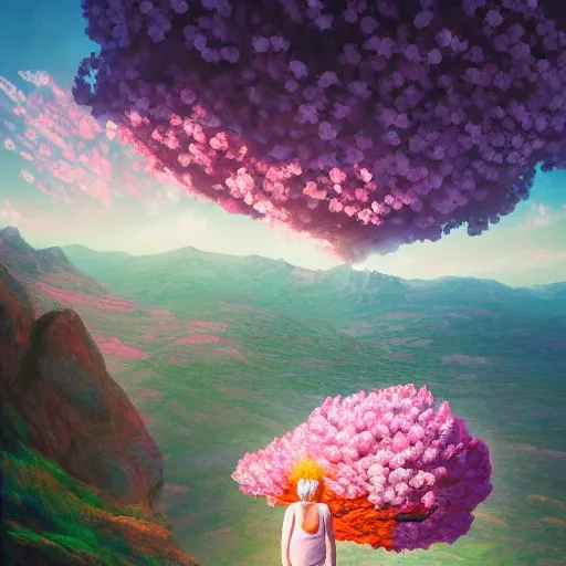 Image similar to giant cherry blossom flower as a head, girl walking in a canyon, surreal photography, sunrise, dramatic light, impressionist painting, colorful clouds, digital painting, artstation, simon stalenhag