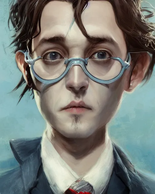 Image similar to still film, johnny depp as the clumsy adorable male victor van dort from the corpse bride if made by krenz cushart and wenjun lin, portrait, illustration, rim light, top light, summer clear blue sky, perfectly shaded, soft painting, epic, intricate, art