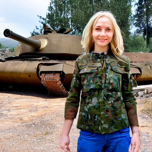 Image similar to slavic happy blond girl standing in front of remains of house and tanks with russian flags