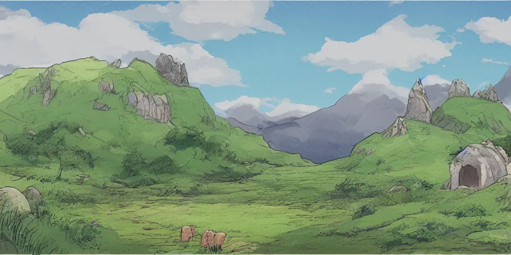 Prompt: Landscape illustration of the Scottish Highlands in the style of Studio Ghibli