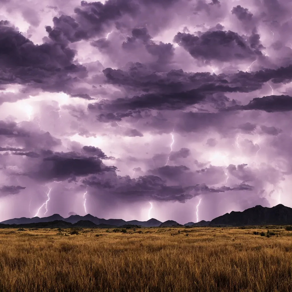Prompt: steppes, white grey and black tall grass, shadowed mountains in the horizon, purple dusk dark clouds, thunderstorm, lightning, epic, dark, highly detailed, high resolution, 4 k, 8 k, hyperrealistic landscape