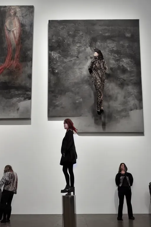 Image similar to emo woman standing on a small pedestal, as an exhibit in an art gallery, editorial photo
