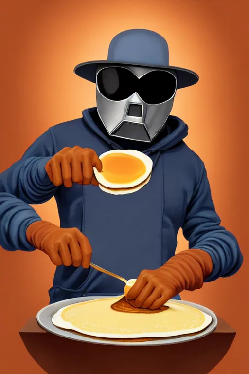 Prompt: professional photographic shoot mf doom making pancakes, animation pixar style, by pendleton ward, magali villeneuve, artgerm, rob rey and kentaro miura style, golden ratio, trending on art station