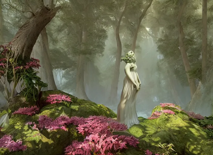 Image similar to an idealistic marble statue with fractal flowery hair and fair porcelain face and green eyes, in a magical forest, painted by, mc escher, gordon onslow ford, georgia o'keeffe and ivan aivazovsky, cinematic light, god rays, colourful, unreal engine, zbrush central,