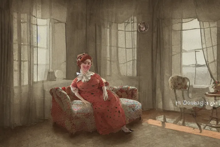 Prompt: charming and chubby fish female, wearing a polka dot cloths and a victorian - style hairdo, lye on the fancy sofa, in the large and bright studio. sunlight enters through the barred window. delicate watercolor and pencil on canvas. beautiful lighting, 4 k post - processing, highly detailed, 5 k extremely detailed, 3 d. cinematic scene.