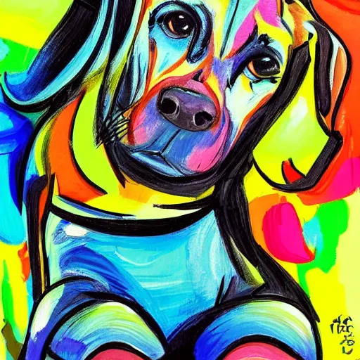 Prompt: a cute dog. the painting is very colorful and expressive, using a lot of black space which makes the characters and scenes pop out. unique way of using line work and color to create a sense of movement and energy. has a dreamlike quality and includes elements of nature.