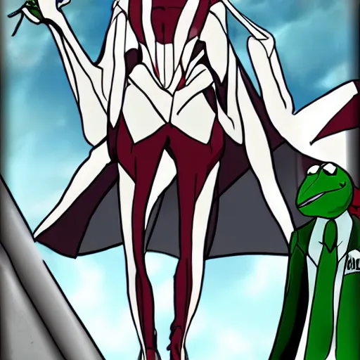 Prompt: kermit the frog as ragyo kiryuin from kill la kill, anime