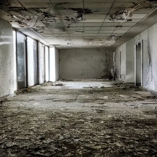 Prompt: badly lit photo of an abandoned hospital floor at night, flickering lights, creepy atmosphere