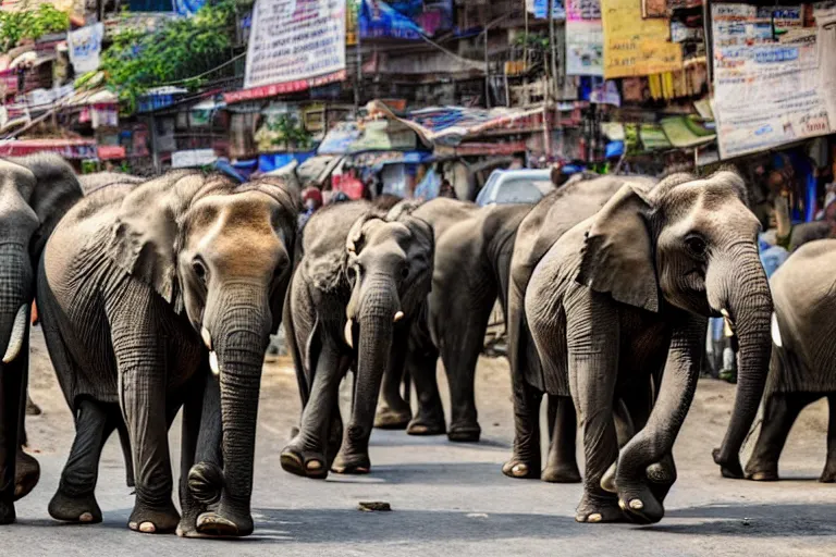 Prompt: elephants walking through an street market in India