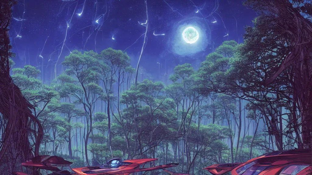 Prompt: a giant forest with fireflies and futuristic white temples at night and lots of cummulonimbus clouds and a spaceship by makoto shinkai, by moebius!, by oliver vernon, by joseph moncada, by damon soule, by manabu ikeda, by kyle hotz, by dan mumford, by kilian eng