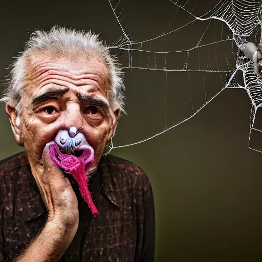 Prompt: National Geographic photo of angry old man with spiders in his mouth