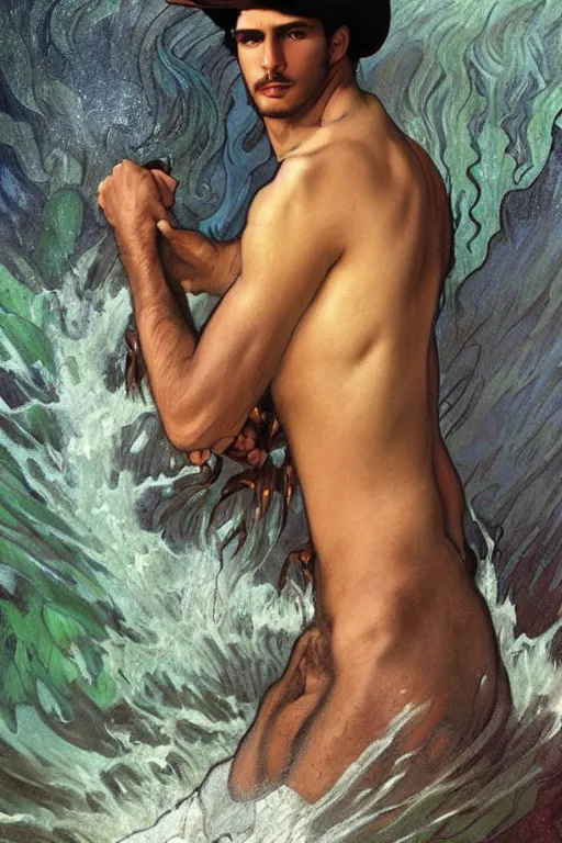 Prompt: a dramatic, epic, ethereal painting of a handsome brown shirtless cowboy | background is a torrential flooding river | tarot!! card, art deco, art nouveau | by Mark Maggiori, by alphonse mucha | trending on artstation