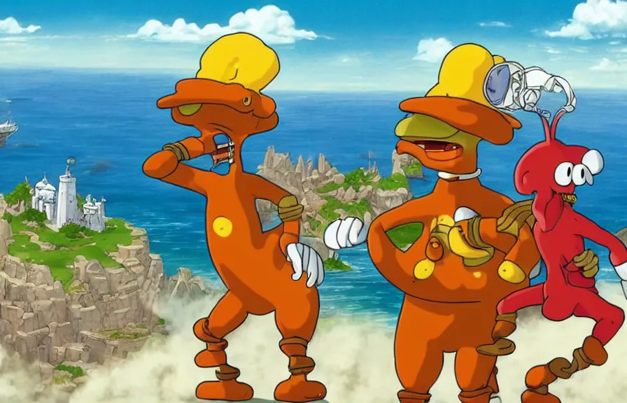 Image similar to a realistic cell - shaded cartoon of toejam and earl from howl's moving castle ( 2 0 0 4 ). in the background is a white pristine pyramid in the ocean. shafts of sunlight come from above. wide shot, very dull muted colors, hd, 4 k, hq