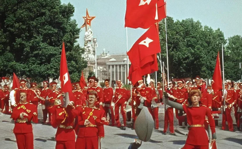 Image similar to 60s movie still of a soviet's ceremony with CCCP flags and a large bronze statue of Karl Marx stanilist style palace backround, by Irving Penn , cinestill 800t 35mm eastmancolor, heavy grainy picture, very detailed, high quality, 4k, HD criterion, precise texture