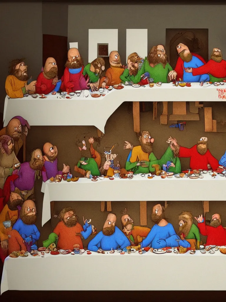 Image similar to the last supper by roger hargreaves and jim henson, 4 k, 8 k, hdr, artstation, concept art