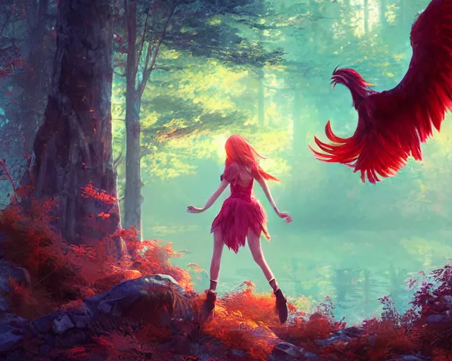 Prompt: a Phoenix girl with two red wings soaring though a forest, girl with feathers, sunlit, wide, trees, streams, matte painting, digital illustration, very vibrant colors, soft lighting, adventurous, atmospheric lighting, 8K, octane render. By Makoto Shinkai, Stanley Artgerm Lau, WLOP, Rossdraws, James Jean, Andrei Riabovitchev, Marc Simonetti, krenz cushart, Sakimichan, D&D trending on ArtStation, digital art.