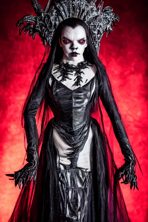 Image similar to dressed anya taylor - joy, a sinister demonic queen of cenobites, symmetrical, cinematic, elegant, demonic atmosphere, professional studio light, real dlsr photography, sharp focus, costume made by clive barker, real rotten flesh and blood, 4 k, ultra hd, sense of awe