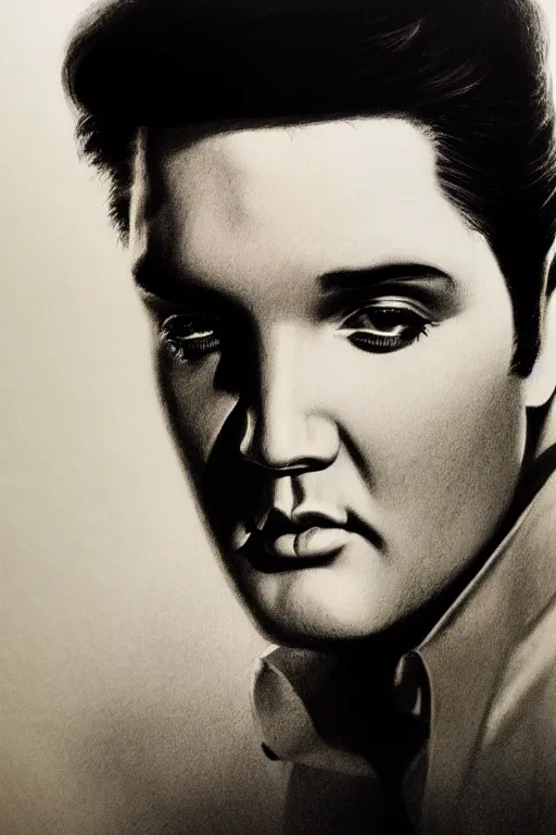 Image similar to elvis presley, gorgeous, ethereal, close - up portrait, intricate, elegant, volumetric lighting, scenery, pencil drawing, highly detailed, artstation, sharp focus, illustration, concept art, ruan jia, steve mccurry