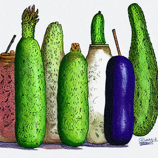 Prompt: an illustrated case study of self-conscious pickles of various types