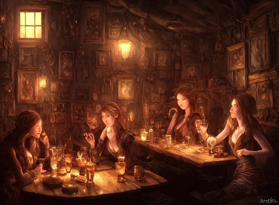 Prompt: many women drinking, dimly-lit cozy tavern, relaxed pose, fantasy art, detailed painterly digital art style drawn by artgerm, beautifully detailed render, post-processing, extremely hyperdetailed, intricate, epic composition, grim yet sparkling atmosphere, cinematic lighting + masterpiece, trending on artstation, very detailed, vibrant colors
