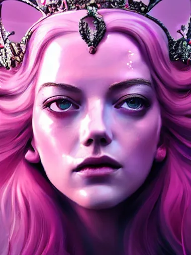 Image similar to pink portrait of young beautiful female angel queen Emma Stone head wearing shiny pink crown, subtle purple accents, hyper details, black metal rococo, sculpted by Alex Alice, Craig Mullins, yoji shinkawa, trending on artstation, beautifully lit, Peter mohrbacher, hyper detailed, insane details, intricate, elite, elegant, luxury, ray of light through smoke, CGsociety, hypermaximalist, golden ratio, volumetric, octane render, weta digital, micro details, 3d sculpture