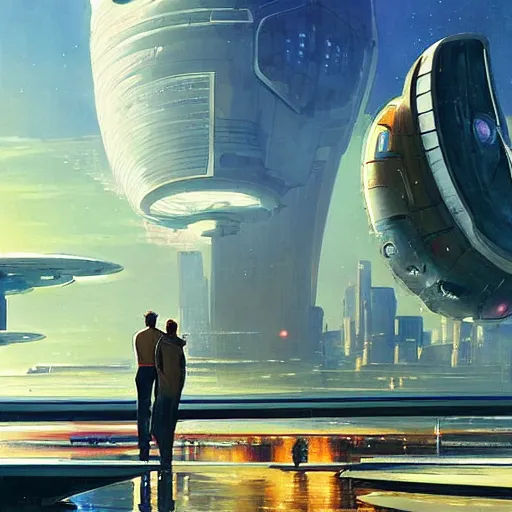 Prompt: gorgeous sci fi imagery | landing spot | space and city flying craft | futuristic | beautiful couple in the foreground heading to their hovering transport | futurism | modern couple | futuristic cityscape in the background | low angle close up | by john berkey, greg rutkowski, james gurney