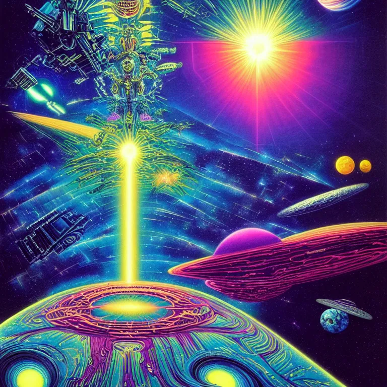 Prompt: edge of interstellar space, synthwave, bright neon colors, highly detailed, cinematic, tim white, philippe druillet, roger dean, aubrey beardsley, ernst haeckel, lisa frank, vladimir kush, kubrick, isono