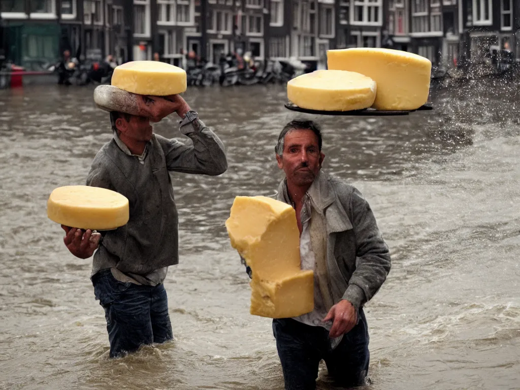 Image similar to closeup potrait of a man carrying a wheel of cheese over his head in a flood in Amsterdam, photograph, natural light, sharp, detailed face, magazine, press, photo, Steve McCurry, David Lazar, Canon, Nikon, focus