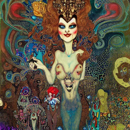 Image similar to princes of hell in alice in wonderland tripping on ayahuasca with faces in the background, intricate detail, painting, klimt, royo, frazetta, whealan,