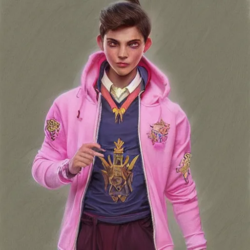 Image similar to a preppy magic student boy wearing a pink hoodie, d & d, fantasy, intricate, cinematic lighting, highly detailed, digital painting, artstation, concept art, smooth, sharp focus, illustration, art by artgerm and greg rutkowski and alphonse mucha
