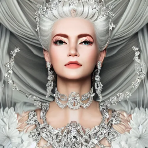Prompt: portrait of wonderful princess of white diamonds with fair skin, white hair, white flowers, ornate with white diamonds, 8 k, gorgeous, intricate, detailed, glowing white accent lighting, dramatic lighting, octane render