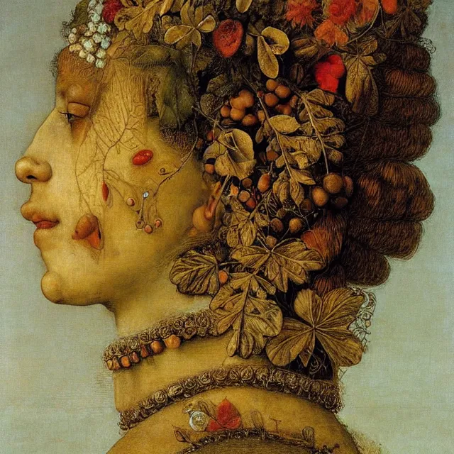 Prompt: a beautiful profile portrait of a beautiful female, leaves, by giuseppe arcimboldo.