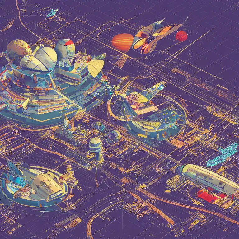 Prompt: isometric view illustration of a very lively space port , highly detailed, end of the day, by James Gilleard and Bruce Pennington